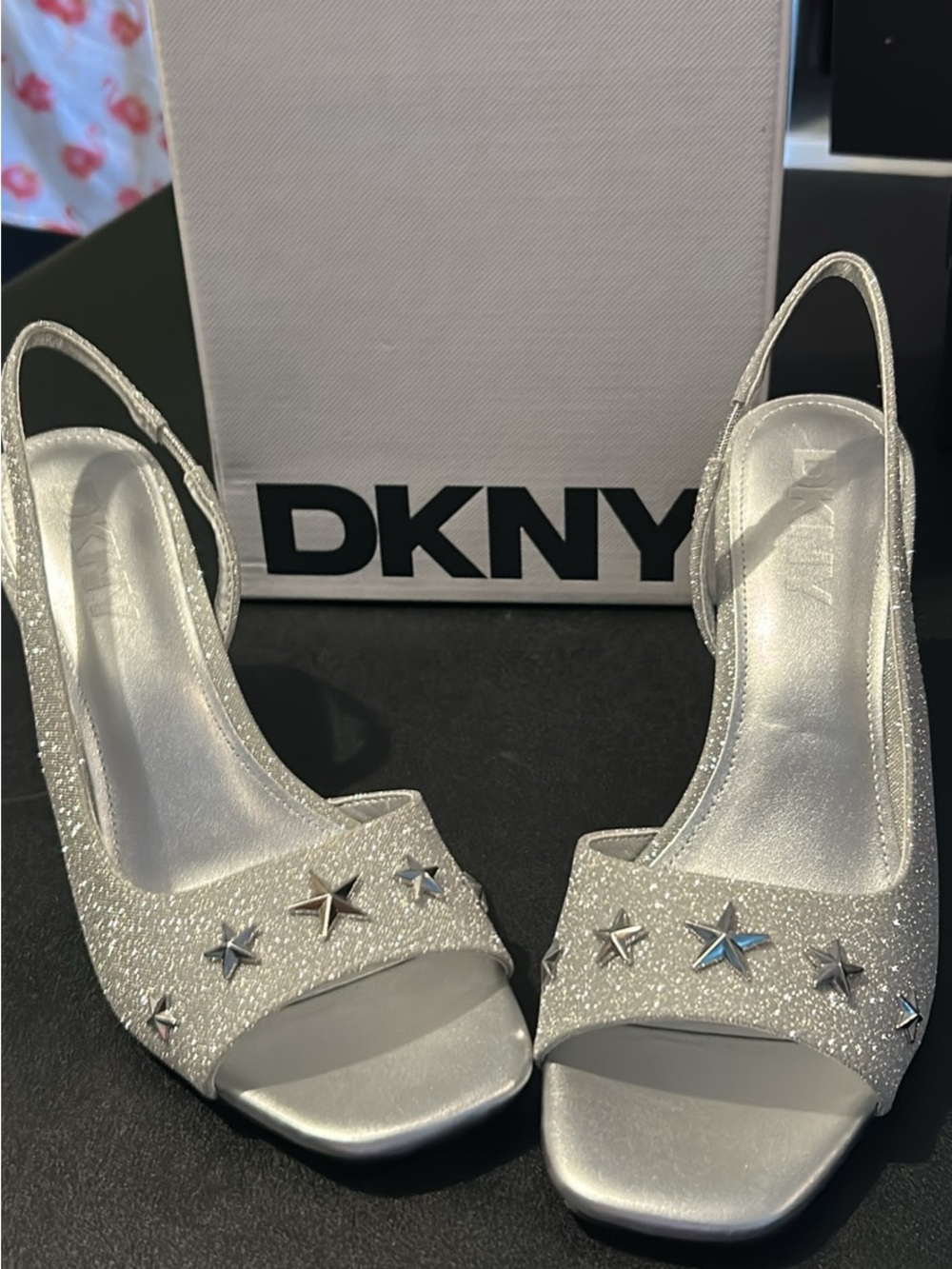 DKNY Silver Glitter Slingback Heels with Star Studs